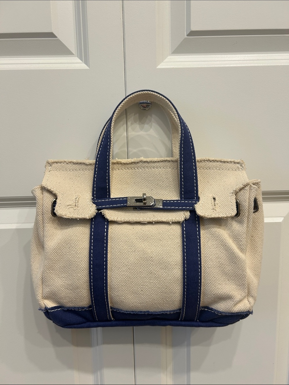100% Cotton Top-Handle Tote in Cream with Navy Trim